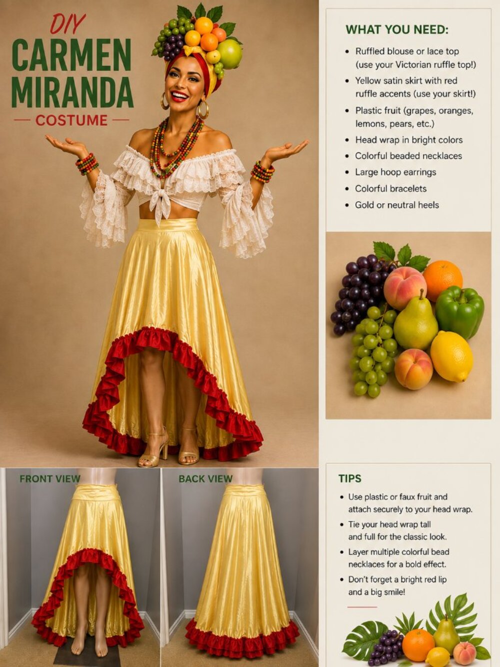 HALLOWEEN: Carmen Miranda Costume Latin Showgirl Ruffle Skirt Fruit Headpiece